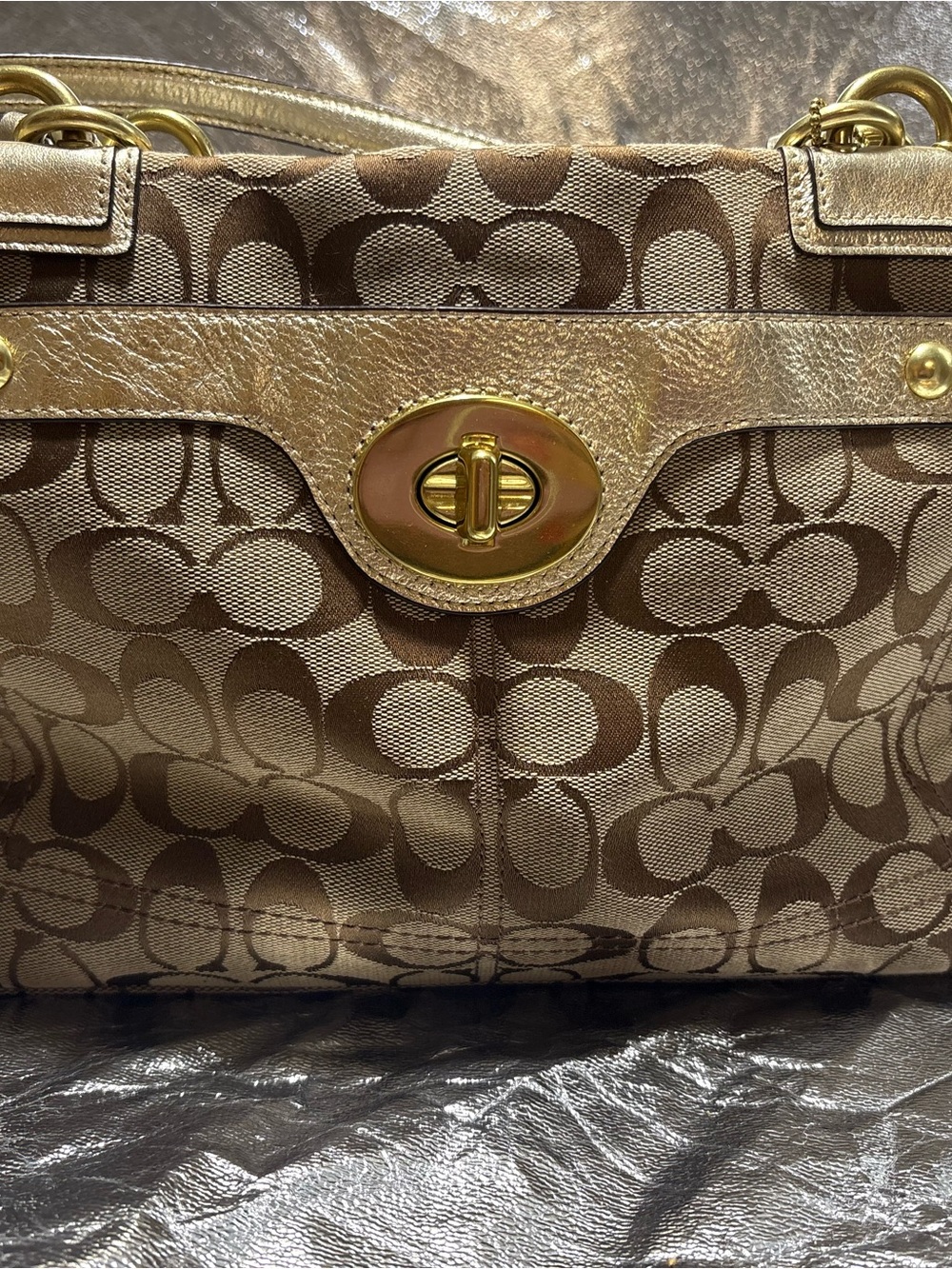 Coach Penelope Signature Tote in Metallic Gold and Brown